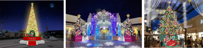 プレミアム・アウトレットとディズニーが贈るクリスマス　PREMIUM OUTLETS® CHRISTMAS　～Disney Christmas the WONDERFUL PRESENT!～のサブ画像2_左から）御殿場、鳥栖、神戸三田プレミアム・アウトレット　クリスマスツリーイメージ　© Disney　© Disney／Pixar　© 2021 MARVEL　© ＆™ Lucasfilm Ltd.