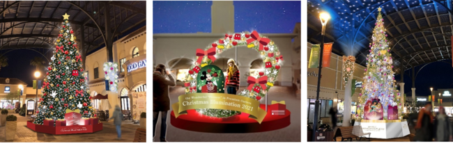 プレミアム・アウトレットとディズニーが贈るクリスマス　PREMIUM OUTLETS® CHRISTMAS　～Disney Christmas the WONDERFUL PRESENT!～のサブ画像3_左から）あみ、鳥栖、酒々井プレミアム・アウトレット　クリスマスデコレーションイメージ　© Disney 