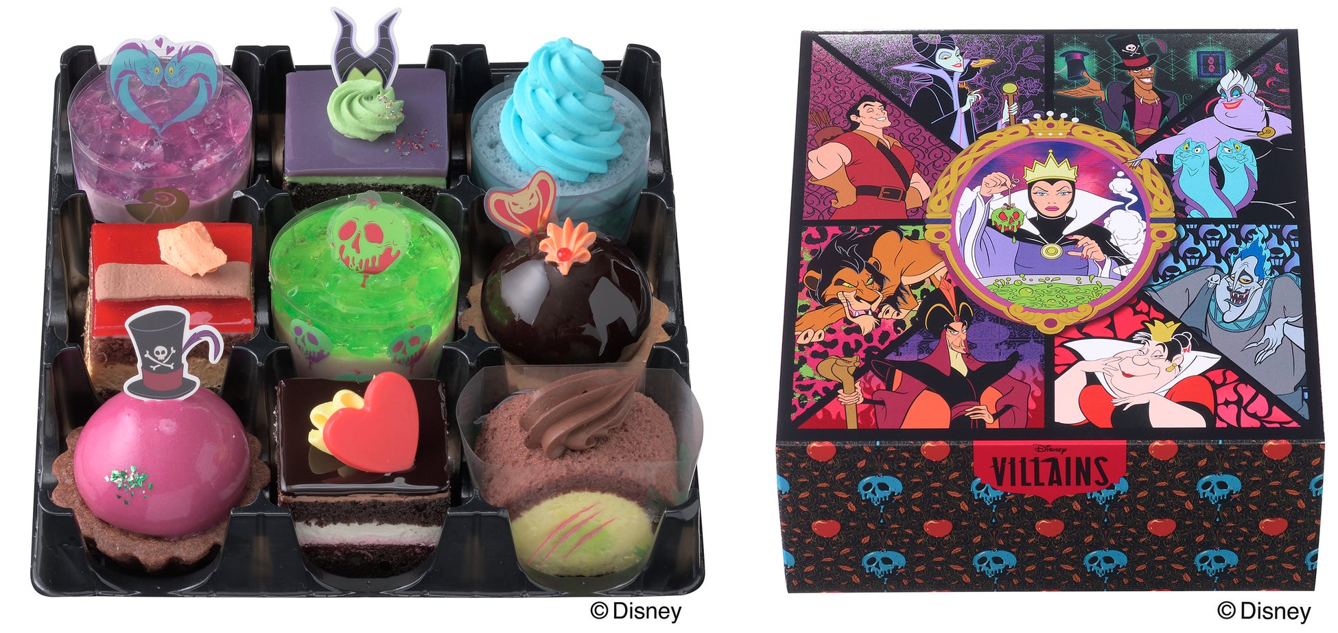 【銀座コージーコーナー】ディズニーヴィランズが大集合！　店頭・ネットで9月26日から予約受付スタートのサブ画像2_右：9種のキャラクターをデザインしたハロウィン限定デザインの専用BOX。ヴィランズの存在感がキラリ☆