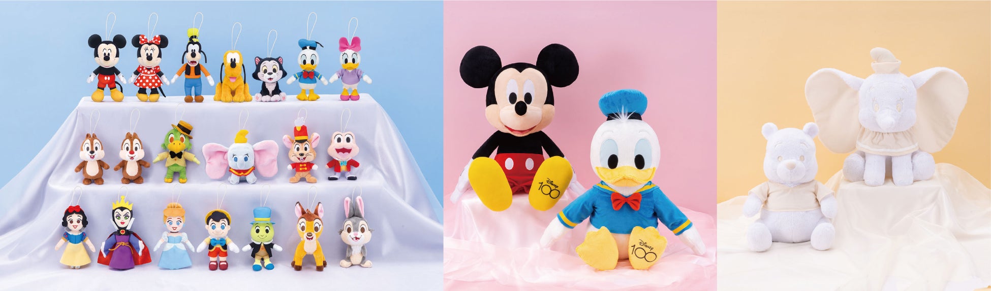 「ディズニーキャラクター」のアイテムがフリューのプライズから初登場！ディズニー100周年をお祝いする特別なシリーズに大注目！のサブ画像1_ディズニー100周年を記念した、プレミアムな全10アイテム（30種）のプライズがフリューから登場！ （左：100thセレブレーションマスコット、中央：100th超超BIG DXぬいぐるみ、右：100thプラチナホワイト超BIGぬいぐるみ）