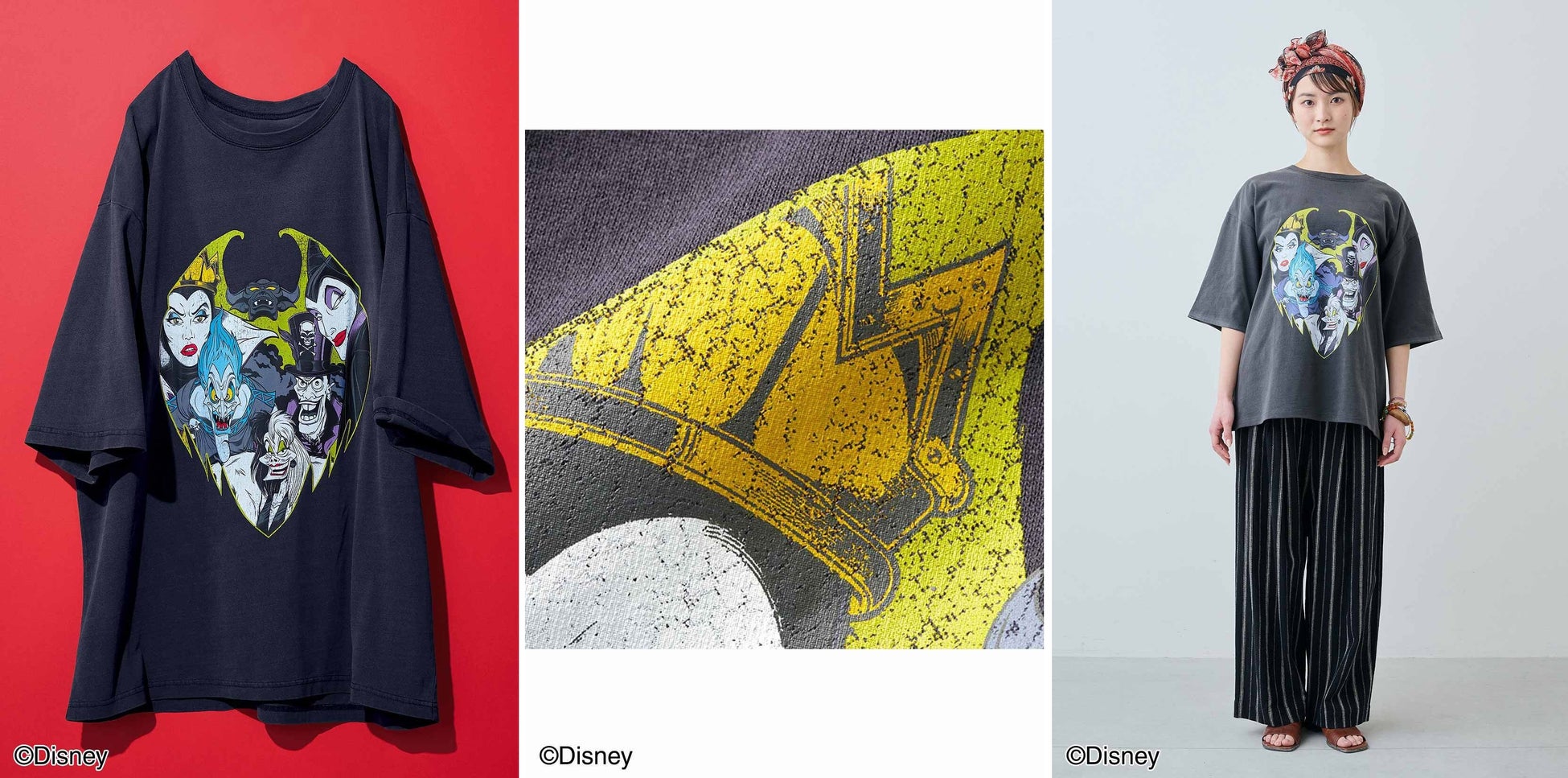 ディズニーとのコラボアイテム、ヴィランズをプリントした「Tシャツ」やアリエルをペイズリー柄に取り入れた「ワンピース」など新作がフェリシモ「MEDE19F［メデ・ジュウキュウ］」から登場のサブ画像2_やや度が詰まった100％の天じく素材。ピグメント加工による色褪せ感でヴィンテージ風に。