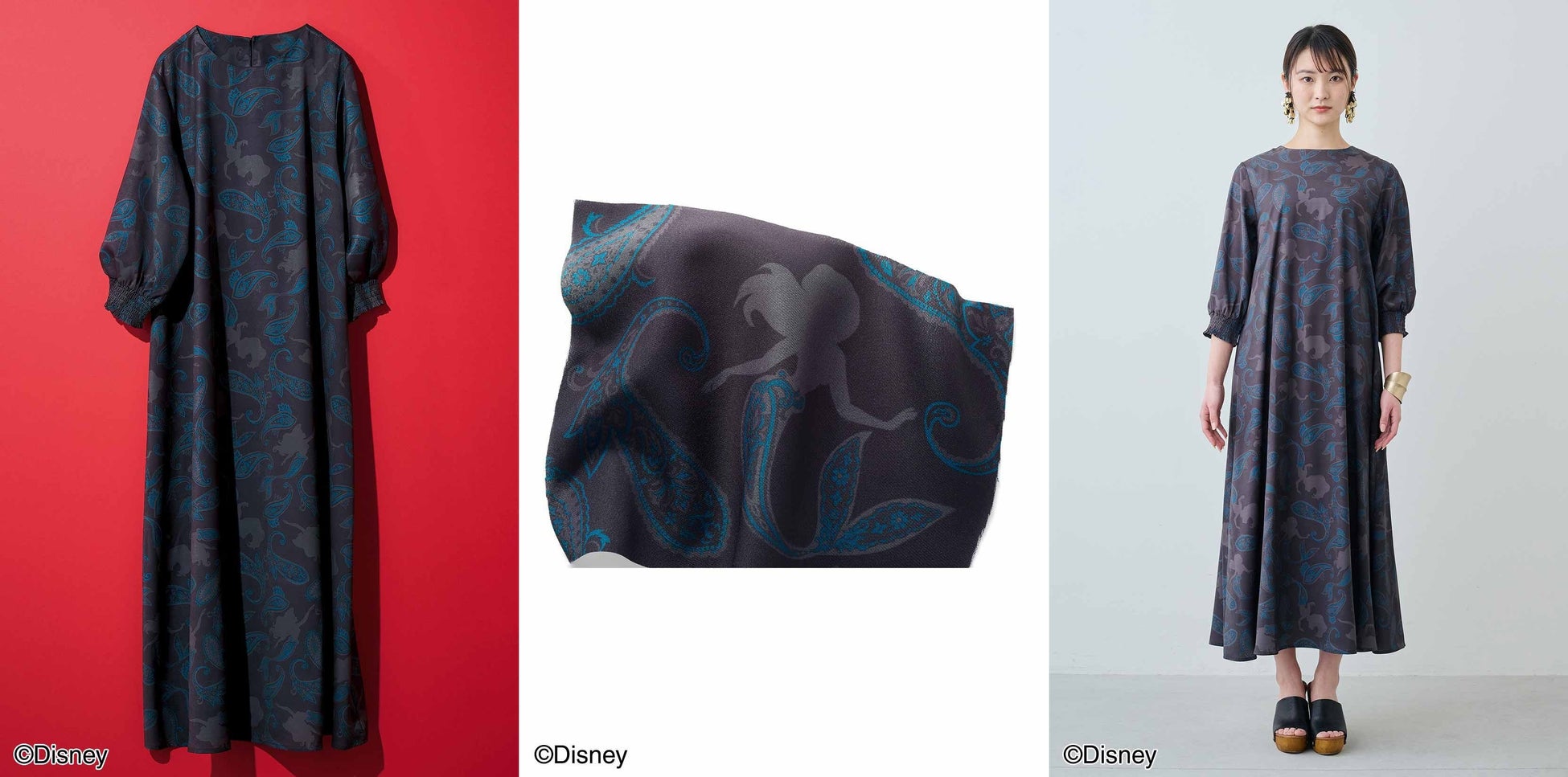 ディズニーとのコラボアイテム、ヴィランズをプリントした「Tシャツ」やアリエルをペイズリー柄に取り入れた「ワンピース」など新作がフェリシモ「MEDE19F［メデ・ジュウキュウ］」から登場のサブ画像3_光沢感のあるポリエステル素材に、いろいろなポーズのアリエルのシルエット