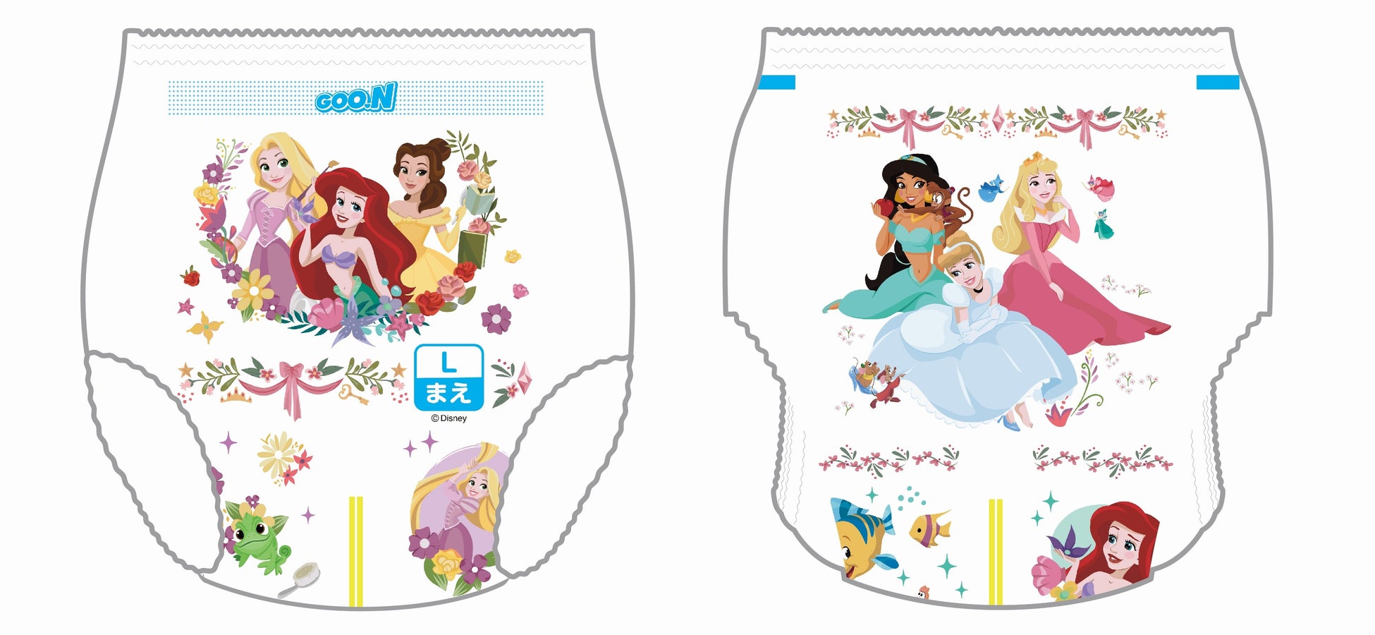グーン初！ディズニープリンセスデザインのベビー用紙おむつが登場　「グーン まっさらさら通気 ディズニープリンセスデザイン」数量限定発売のサブ画像7_Lサイズ（前、後ろ）