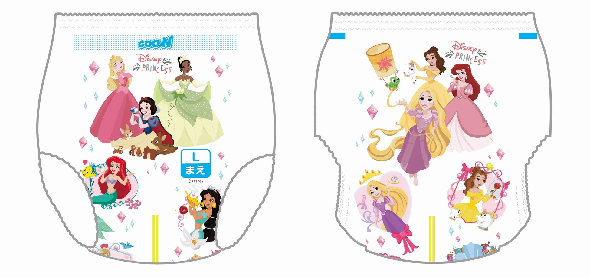 グーン初！ディズニープリンセスデザインのベビー用紙おむつが登場　「グーン まっさらさら通気 ディズニープリンセスデザイン」数量限定発売のサブ画像8_Lサイズ（前、後ろ）