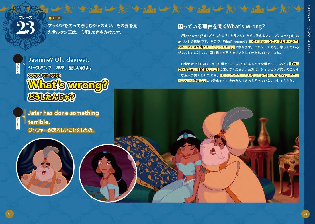 大好きなディズニー映画で英会話力がアップする！　『魔法の暗記術！　ディズニー映画で身につく　そのまま使える英会話フレーズ』が10月19日（木）に発売決定！のサブ画像3_▲『アラジン』より。「どうしたの？」と相手が困っている理由を聞きたいときに、定番のフレーズを紹介します。　ⒸDisney