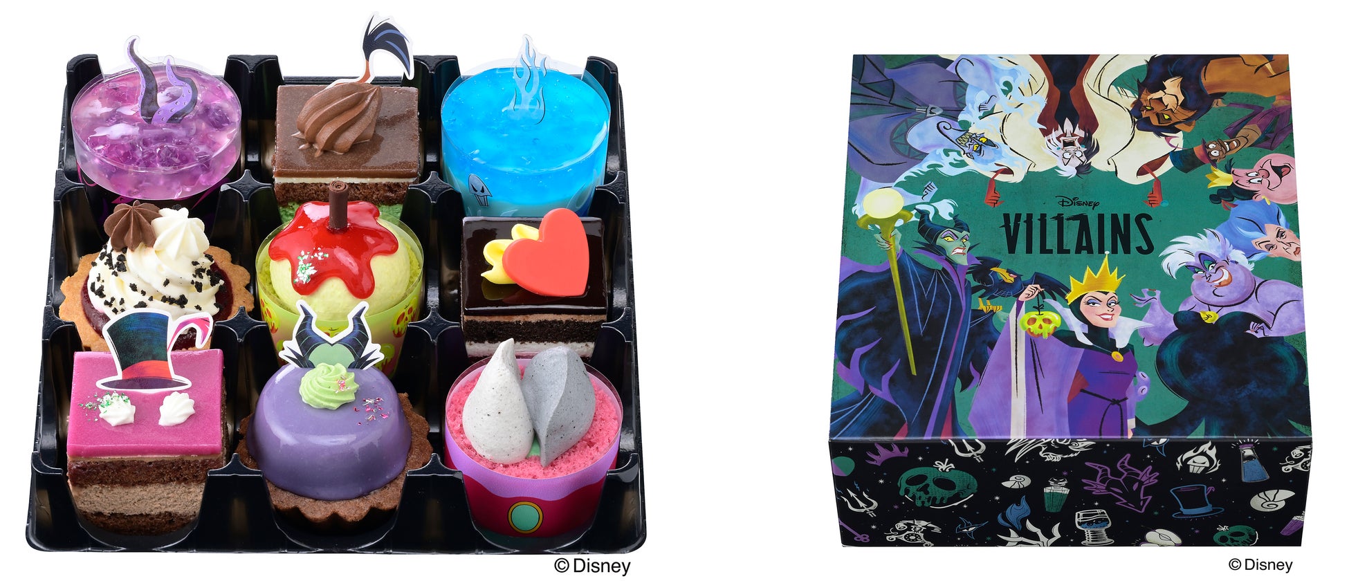 【銀座コージーコーナー】ディズニーヴィランズファンのみなさま、今年も登場しますよ！プチケーキアソートの予約受付を店頭は9月14日、ネットは9月26日から開始のサブ画像2_右：9種のキャラクターをデザインしたハロウィン限定デザインの専用BOX。ヴィランズたちが集合している、妖しくも華やかな雰囲気にもご注目ください！